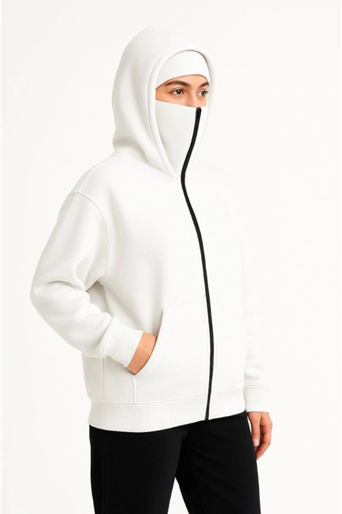 Samuray Ninja Çift Kapşonlu ZIP Fermuarlı Kanguru Çepli Hoodie Maske Detaylı Swetshirt - Beyaz