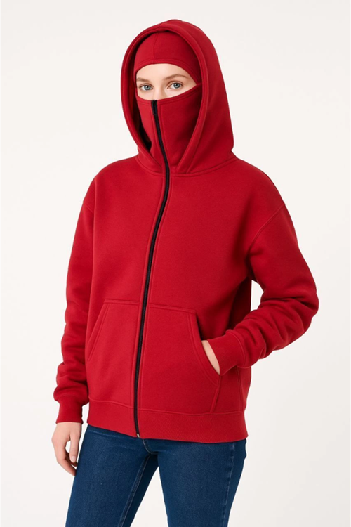 Samuray Ninja Çift Kapşonlu ZIP Fermuarlı Kanguru Çepli Hoodie Maske Detaylı Swetshirt - Kırmızı