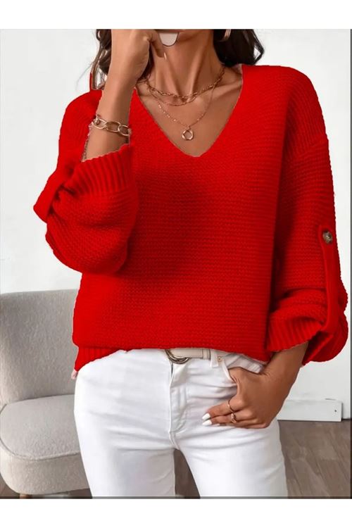 Kadın Uzun Kollu V Yakalı Düğmeli Triko Bluz