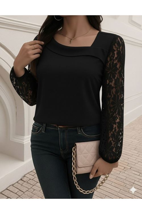 Kadın Uzun Kollu Asimetrik Yakalı Dantelli Ithal Krep Bluz