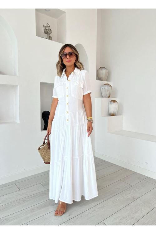 Kadın Dokuma Kumaş Cep Detaylı Maxi Boy Gömlek Elbise