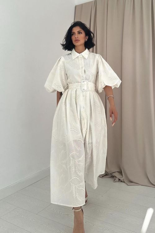 Ekru Pileli Balkon Elbise