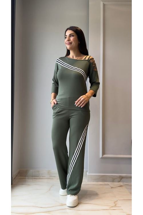 Kadın Uzun Kollu Truvakar Kol Tek Omuz çapraz şerit Detaylı Ribanalı Viskon Iki Iplik Bluz Ve Pantolon Ikili Takım