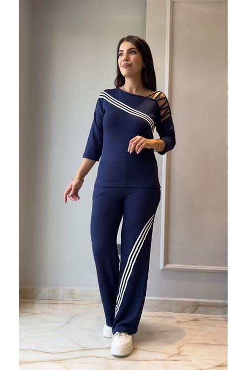 Kadın Uzun Kollu Truvakar Kol Tek Omuz çapraz şerit Detaylı Ribanalı Viskon Iki Iplik Bluz Ve Pantolon Ikili Takım