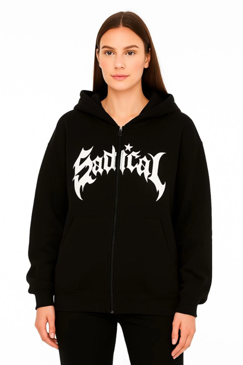 Oversize Kapüşonlu Sweatshirt  Hoodie 3 İplik Şardonlu Pamuklu Kumaş, Önü Baskılı, Fermuarlı Rahat Kalıp, Kışlık Ve Sokak Stili Sweat - Siyah