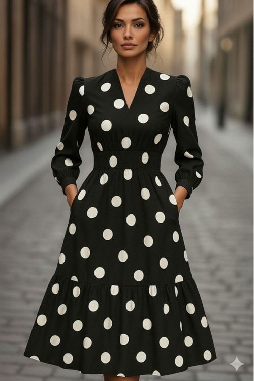 Kadın Uzun Kollu V Yakalı Beli Lastikli Puantiyeli Uzun Krep Elbise