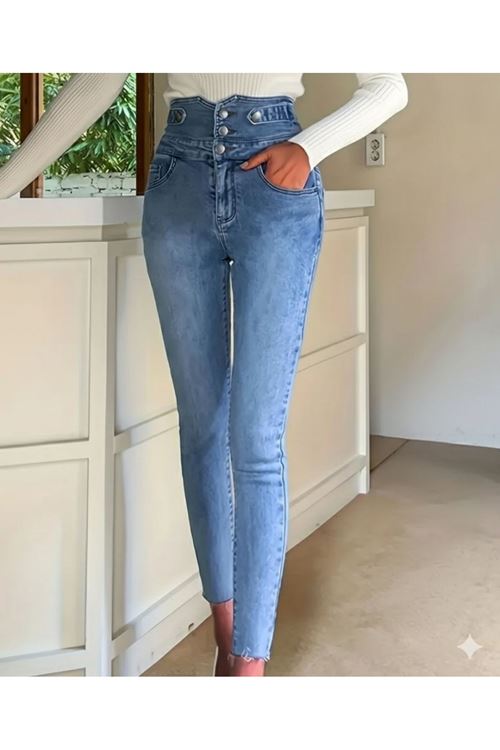 Kadın Yüksek Bel önden Düğmeli Cepli Dar Kesim Detaylı Kot Pantolon