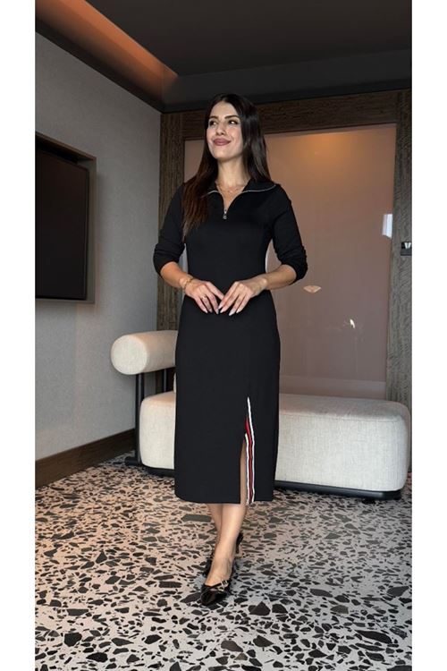 Kadın Uzun Kollu Balıkçı Yaka önden Fermuarlı Yırtmaçlı Midi Viskon Iki Iplik Elbise