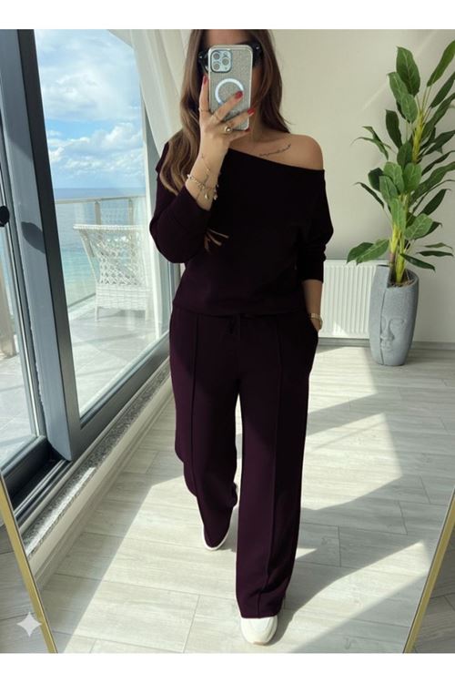 Kadın Uzun Kollu Tek Omuzdan Açık Modal Bluz Ve Pantolon Ikili Mürdüm Takım