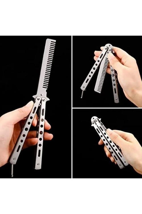 BUFFER® Gri Katlanabilir Paslanmaz Çelik Kelebek Bıçak Tarak Sakal Bıyık Fırçası Profesyonel Saç Kesimi İçin Tarak