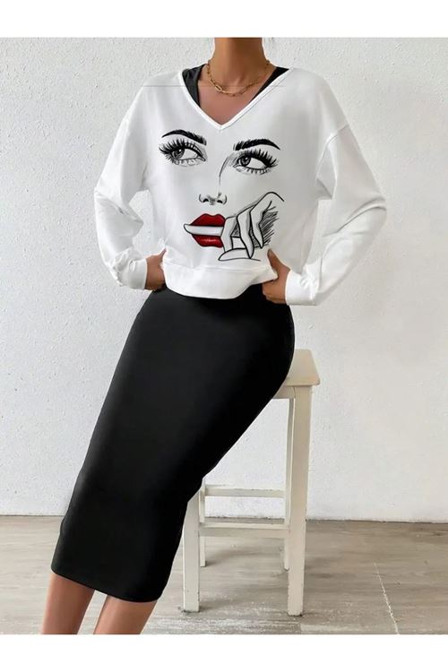 Kadın Askılı Yuvarlak Yaka Viskon Iki Iplik Elbise Ve V Yakalı Bluz Ikili Takım