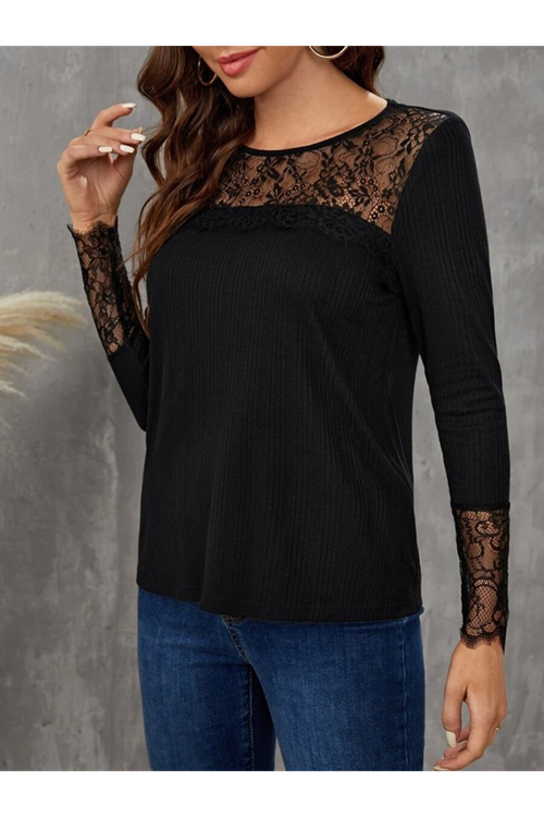 Kadın Uzun Kollu Bisiklet Yaka Dantel Detaylı Burgu Bluz