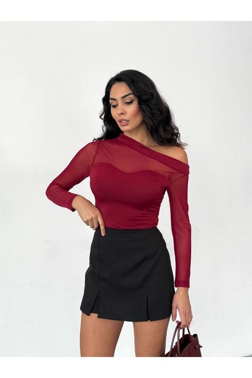 Kadın Uzun Kollu Omuz Dekoltesi Ve Transparan Tül Detay Bluz