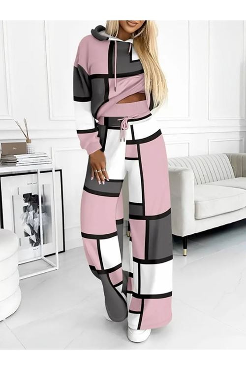 Kadın Uzun Kollu Kapşonlu Bağcıklı Desenli Iki Iplik Bluz Ve Pantolon Ikili Takım