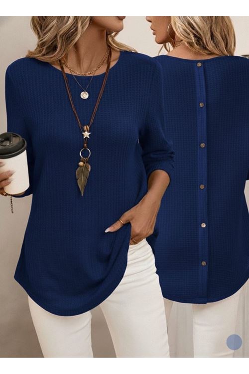 Kadın Uzun Kollu Yuvarlak Yaka Arkadan Düğmeli Waffle Bluz