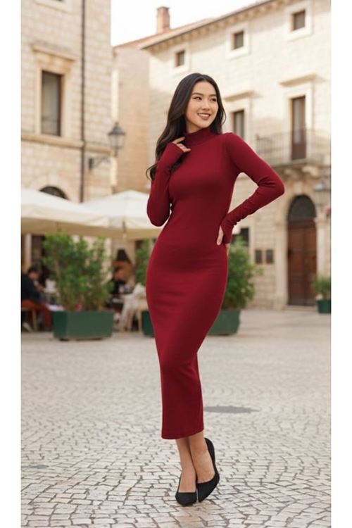 Kadın Uzun Kollu Balıkçı Yaka Midi Boy Elbise