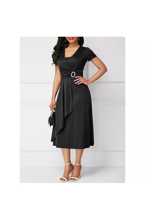Kadın Kısa Kollu Kruvaze Yaka Kuşak Ve Toka Detay Krep Elbise