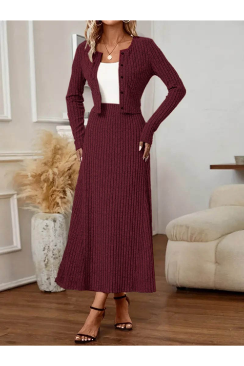 Kadın Uzun Kollu önden Düğmeli Bluz Ve Yüksek Bel A Kesim Uzun Etek şardonlu Kaşkorse Ikili Takım