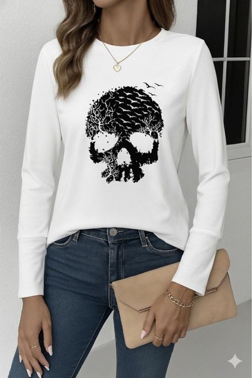 Kadın Uzun Kollu Bisiklet Yaka Kurukafa Desenli Viskon Bluz