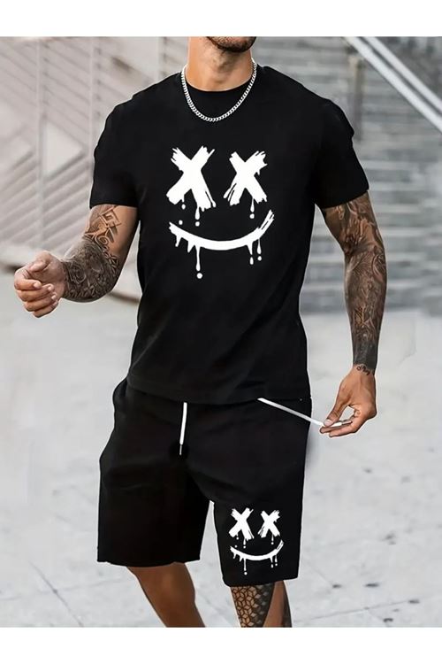Erkek Kısa Kollu Bisiklet Yaka Baskılı Tişört Ipli Short Iki Iplik Takım