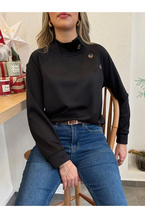 Kadın Uzun Kollu Balıkçı Yaka Düğme Detay şardonlu Dalgıç Bluz