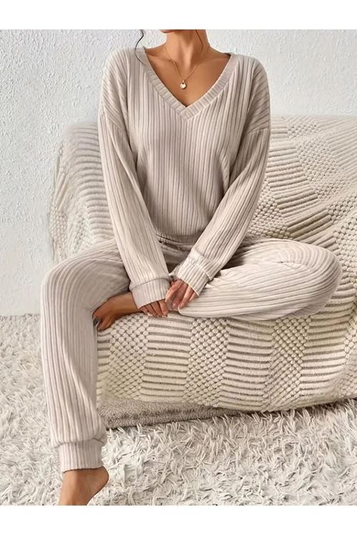 Kadın Uzun Kollu V Yakalı Kaşkorse Bluz Ve Pantolon Ikili Takım