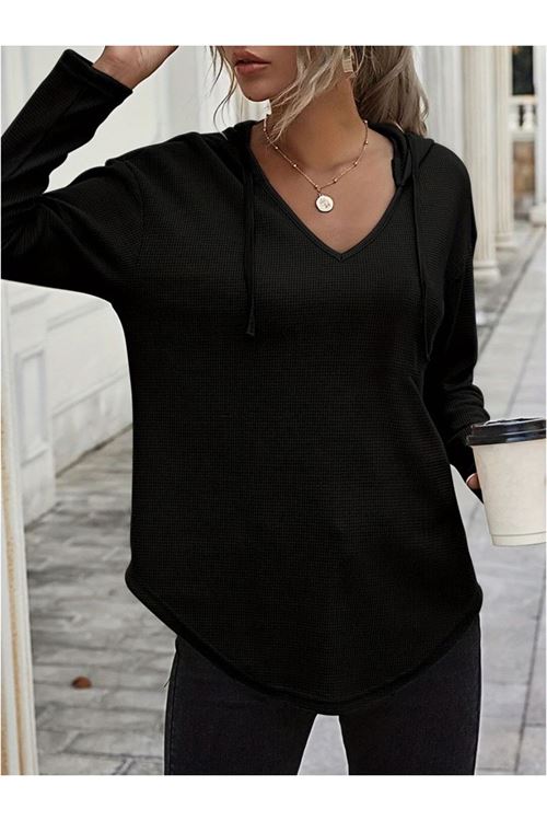 Kadın Uzun Kollu V Yakalı Kapşonlu Waffle Bluz