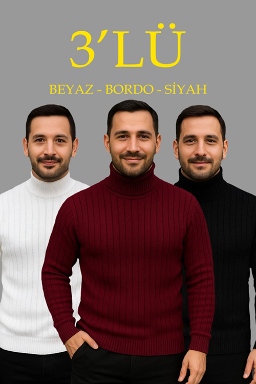 Erkek Fitilli Triko Kazak 3lÜ Set Beyaz Bordo Siyah Regular Balıkcı Yaka Tam Boğazlı Triko Seti Modeli Kazak