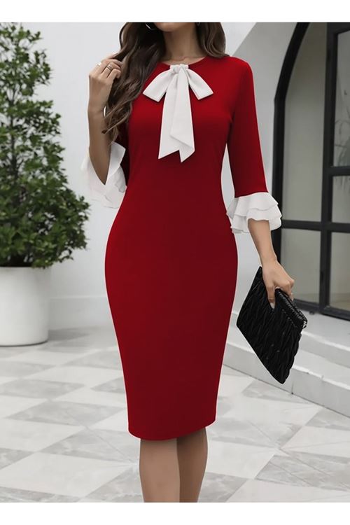 Kadın Truvakar Kollu Fiyonk Yakalı Midi Ithal Krep Elbise
