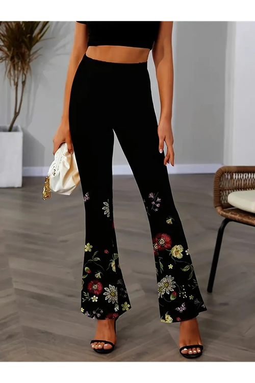 Kadın Yüksek Belli çiçek Desenli Ispanyol Paçalı Dalgıç Tayt Pantolon