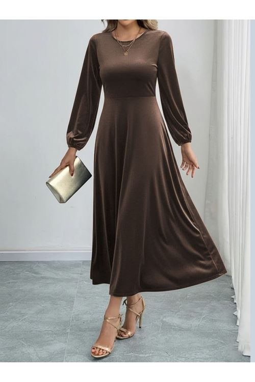 Kadın Uzun Kollu Bisiklet Yaka Midi Kadife Elbise