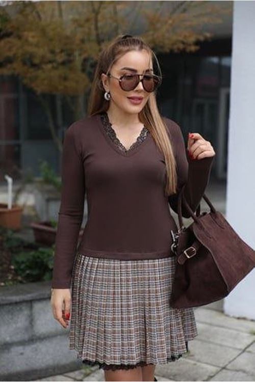 Kadın Uzun Kollu Denteli Yaka Ekose Etek Detay Diz üstü Elbise