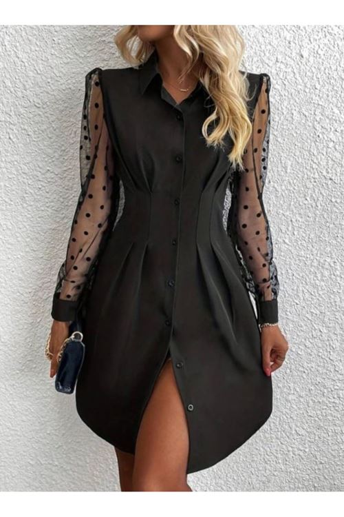 Kadın Uzun Kollu Yakalı Düğmeli Mini Ithal Krep Elbise