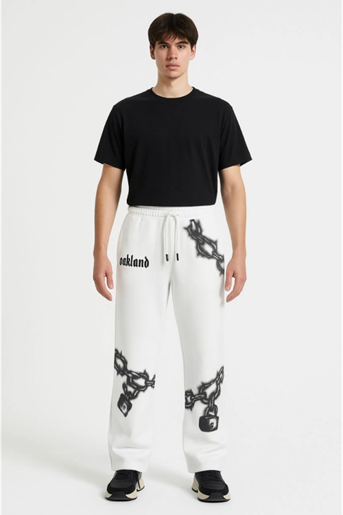 Erkek Üç İplik Pamuklu Baskılı Cepli Jogger Buggy Pantalon Oversize Kalıp - Beyaz