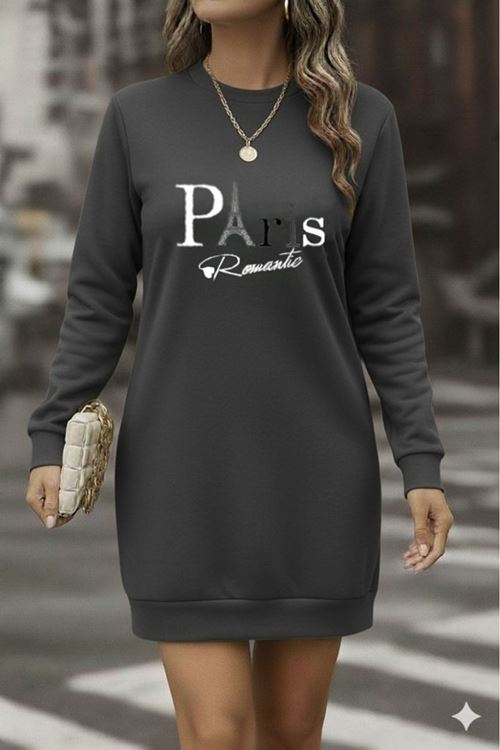 Kadın Uzun Kollu Bisiklet Yaka Yazılı Kısa Viskon Iki Iplik Elbise