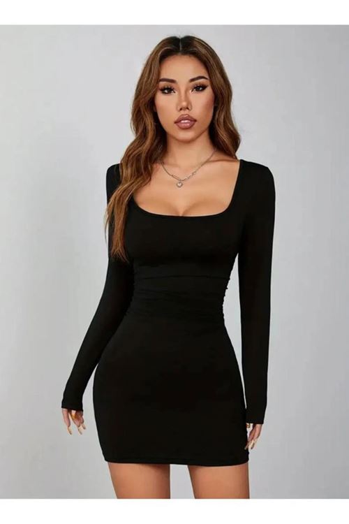 Siyah Kare Yaka Uzun Kollu Likralı Mini Elbise