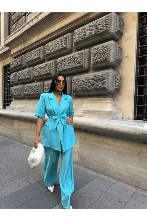 KISA KOL BAĞLAMA DETAYLI CEKET-PANTOLON TAKIM - Mavi