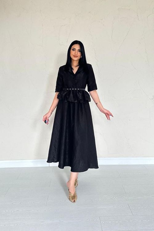 Siyah İnce Kemerli Fırfırlı Ceket Ve Büzgülü Etek Takım