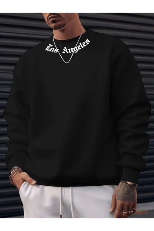 Erkek Uzun Kollu Bisiklet Yaka Yazı Detaylı Iki Iplik Sweat