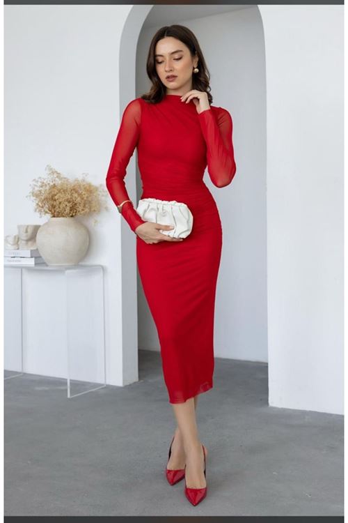 Kadın Uzun Kol Tül Drapeli Midi Boy Elbise