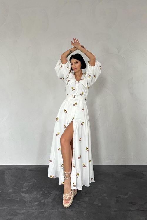 Kahverengi Yakası Çiçek Motifli Kemerli Elbise