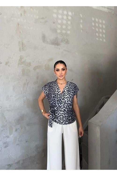LEOPAR DESEN YANDAN BAĞLAMA DETAYLI BLUZ - Gri