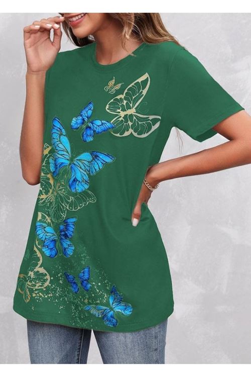 Kadın Kısa Kollu Mavi Sarı Kelebek Baskı Süprem T-shirt