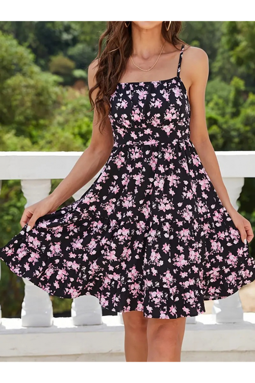 Kadın Askılı çiçek Desenli Süprem Mini Elbise