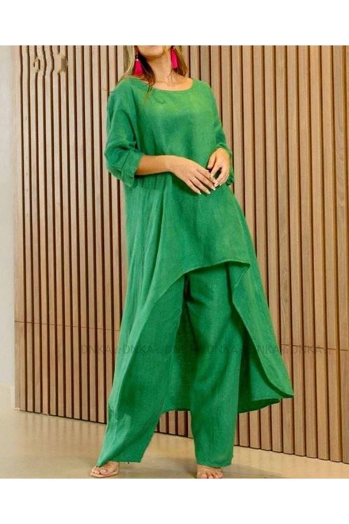 Kadın Uzun Kollu Kayık Yaka Detay Tunik Ve Pantolon Ikili Takım