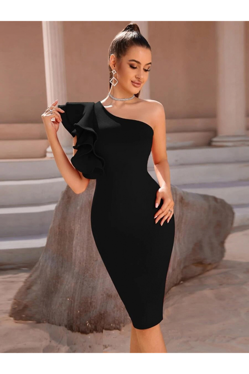 Kadın Tek Omuzu Açık Diğer Omuz Volan Detay Midi Ithal Krep Elbise