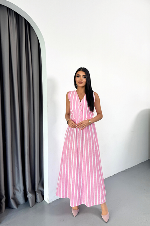 KETEN ÇİZGİLİ YELEK - UZUN ETEK TAKIM - Pembe