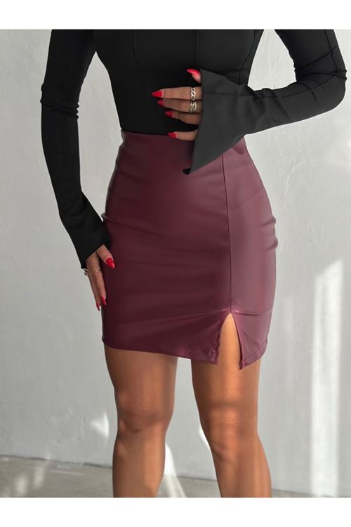 Kadın Yüksel Bel Yırtmaç Detay Mini Deri Etek