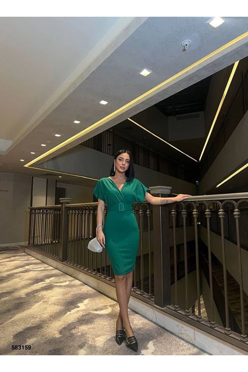 Kadın Dalgıç Krep V Yaka Ve Sırt Dekolte Detaylı Elbise