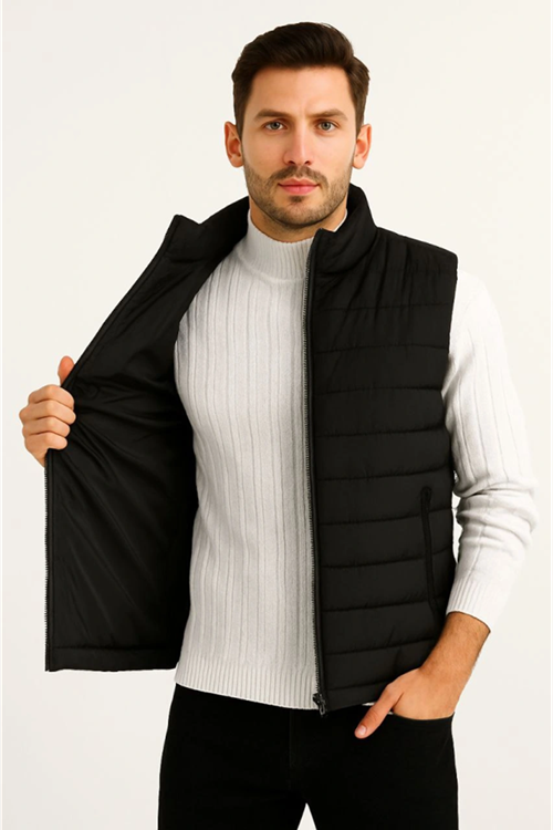 Erkek Şişme Fermuarlı Yelek Su Itici Kapitone Astarlı Kumaş Cepli Hafif Kışlık Spor Rahat Kalıp - Siyah